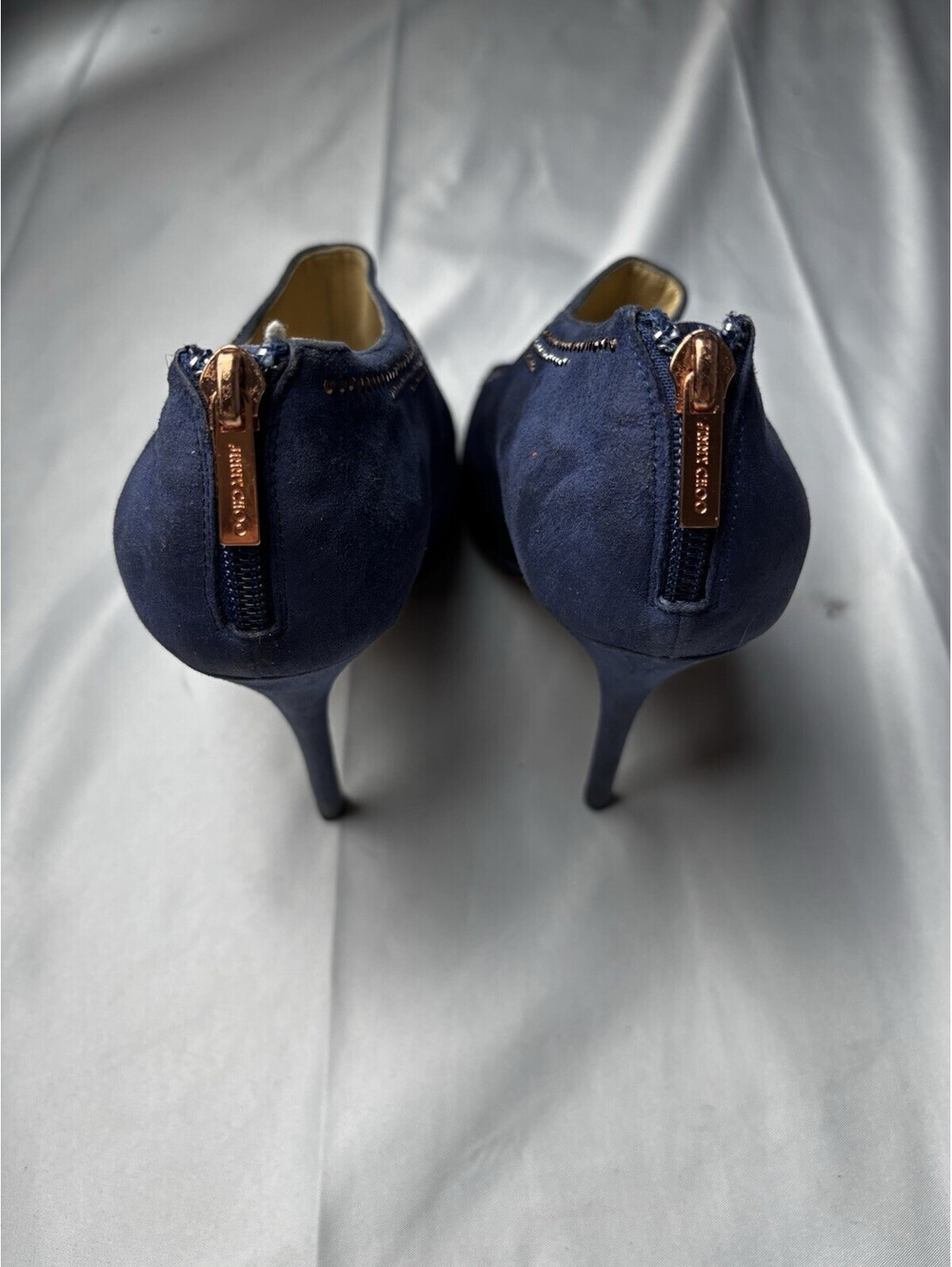 Jimmy Choo Navy Blue Suede Peep Toe High Heel Booties with Z - Picture 4 of 10